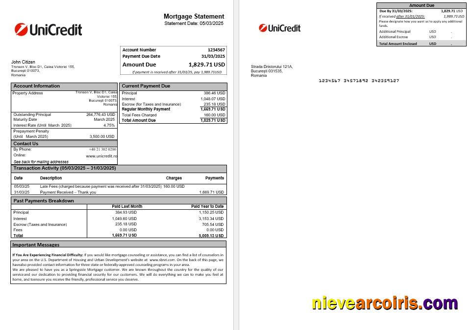 Romania Unicredit bank mortgage statement